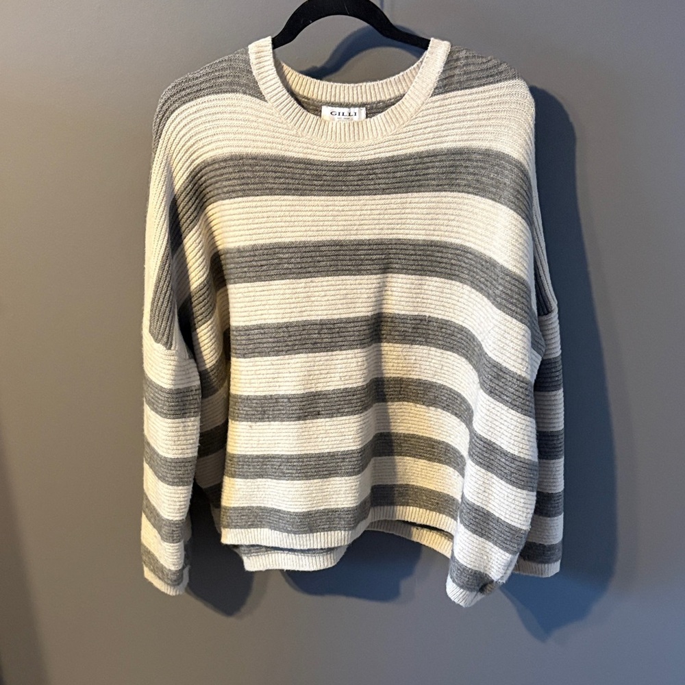 Gilli Gray and Cream Striped Crew Neck Sweater